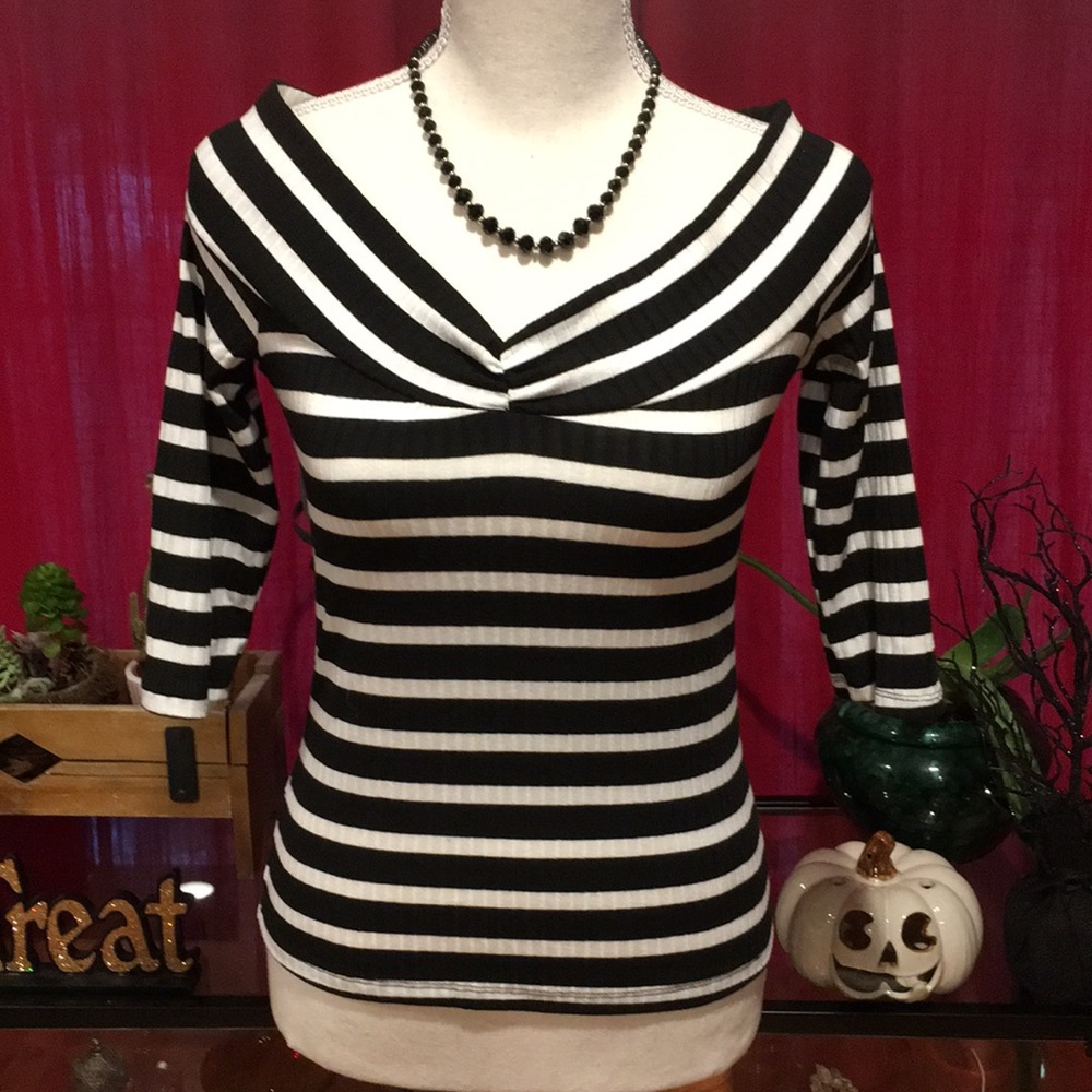 Zara Black & White Striped Ribbed 3/4 Sleeve Top M